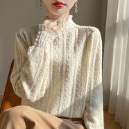香影純2025秋冬新款優(yōu)雅高級感針織衫女蕾絲木耳邊打底衫半高領(lǐng)毛衣內(nèi)搭 米色 L (建議105-115斤)