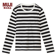 無印良品 MUJI 女式 棉 圓領(lǐng)長袖T恤 白色*橫條 XS