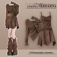 DELINAZA小紅書(shū)爆款小香風(fēng)毛衣女早秋露膚一整套秋季穿搭美拉德廢土風(fēng)洋裝 咖色上衣+咖色吊帶裙+咖色腿套[ S 均碼