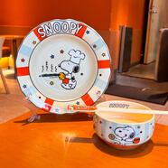 史努比（SNOOPY）條紋2025年新款陶瓷碗筷餐具飯碗碟子菜盤(pán)二人食套裝禮盒裝 史努比碗筷盤(pán)-橙色