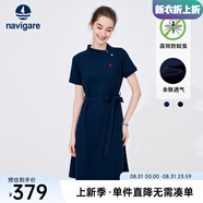 Navigare意大利小帆船短袖連衣裙女士夏季棉質斜領裙子時尚顯瘦半袖a字裙 海軍藍 XL 碼