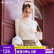 Olrain歐芮兒法式高領(lǐng)內(nèi)搭蕾絲衫女秋裝修身鏤空打底上衣 米杏色 S