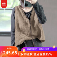 復(fù)古亞麻做舊純色寬松V領(lǐng)系帶外穿小背心 寬松舒適百搭無袖馬甲女 茶色 均碼