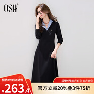 歐莎莎假兩件翻領(lǐng)長(zhǎng)袖連衣裙女2025秋季新款高智風(fēng)收腰顯瘦長(zhǎng)裙 黑色 M