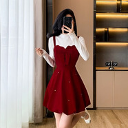 展緣洋氣甜美少女紅色本命年小禮服時尚氣質(zhì)蝴蝶結(jié)絲絨吊帶花苞連衣裙 酒紅色吊帶裙 S