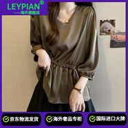 Leypian國際大牌桑蠶絲感真絲緞面V領(lǐng)七分袖雪紡襯衫女大碼胖mm夏季 卡其[胖mm大碼女裝/小眾不撞款/ XL (建議120-140斤)