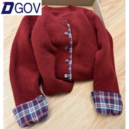 DGOV假兩件韓系圓領(lǐng)拼接格子毛衣女2025秋季新款針織外套寬松休閑開(kāi)衫 紅色 L 建議105-115斤