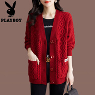 花花公子（PLAYBOY）毛衣外套女春季寬松春裝羊毛衫秋冬外搭麻花針織衫開衫 紅色 S