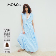 MO&Co.連衣裙高腰綁帶苧麻棉翻領立體寬肩襯衫長裙藍白條紋航海系 藍白條色 M 165
