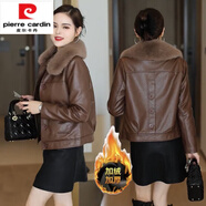 皮爾卡丹（pierre cardin）海寧皮衣外套女2025春秋冬新款皮夾克加絨加厚時(shí)尚顯瘦今年流行裝 海寧品牌旗艦咖色( 帶毛領(lǐng)) 加絨 M 海寧品牌旗艦 80-100斤
