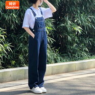 婍妡牛仔背帶褲女夏季2025年新款韓版寬松小個子高腰顯瘦闊腿連體長褲 深藍色 S