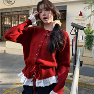 允橘毛衣女針織衫開衫外套上衣外搭2025秋裝新款長袖打底衫內(nèi)搭假兩件 甜美風(fēng)抽繩設(shè)計(jì)感毛衣【圣誕紅】 均碼 建議80-125斤左右