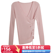 Olrain歐芮兒v領(lǐng)長袖針織衫女初秋新款修身交叉系帶套頭衫 粉色 S