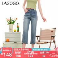 lagogo水洗淺藍色腳口開(kāi)叉牛仔褲女拉谷谷夏季新款通勤九分直筒褲 淺牛仔藍(N7) XL