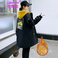 艾薇佳大碼女裝200斤棉服胖MM加肥加大棉衣胖妹妹冬季抽繩加絨加厚外套 黑色 3XL （建議170-200斤）