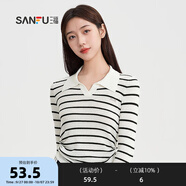三福毛衣2024秋季側(cè)邊抽繩V字翻領(lǐng)毛針織衫上衣女裝490531 黑白條 S