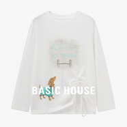 百家好（Basic House）Basic House/百家好白色長袖T恤女卡通印花側(cè)邊抽繩設(shè)計(jì)感秋上衣 白色 M
