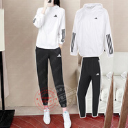 阿迪達(dá)斯 （adidas）秋季運(yùn)動(dòng)套裝女 晨練夜跑健身訓(xùn)練防風(fēng)衣連帽夾克外套休閑長褲 IS8042白+JI8313黑 L/170