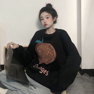 文頗100%純棉面料秋冬圓領面料衛(wèi)衣女韓版ins上衣百搭情侶長袖外套衛(wèi) 純棉A3-102-圓領-黑薄款 S