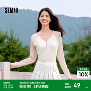 森馬（Semir）【云柔親膚】長袖t恤女短款V領(lǐng)修身上衣24年新款插肩袖休閑薄外套 粉色調(diào)01315 S