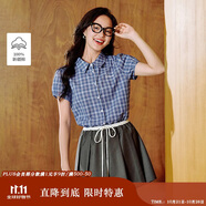 茵曼純棉藍格紋襯衫2025夏季女裝新款翻領(lǐng)短袖襯衣藍格-W18528437 L