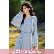 謎秀法式復古慵懶感鏤空花朵刺繡小v領(lǐng)連衣裙女2025春季新款a字長裙 法式藍 L
