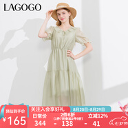 lagogo【萊賽爾】荷葉邊系帶連衣裙女拉谷谷夏新款收腰泡泡袖裙子 淺綠色(L8) S