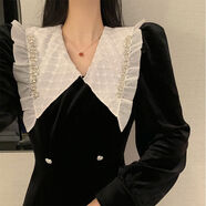 唯樂(lè )頌金絲絨高貴洋氣連衣裙年會(huì )禮服新年衣服穿搭娃娃領(lǐng)子女秋冬季赫本 黑色 S