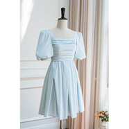 FMYVFY衣閣里拉夏季藍色短袖方領(lǐng)顯瘦顯瘦日常短款連衣裙 冰川藍 S