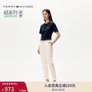 TOMMY HILFIGER【輕彈感】25女裝四季款條紋腰帶彈力直筒修身九分褲休閑褲 【斜紋微彈】-米白色Z00 36