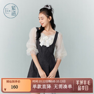 紫涵（ZIHAN）紫涵牛仔拼接網(wǎng)紗連衣裙女秋季法式甜美收腰顯瘦方領(lǐng)短裙 牛仔黑 L