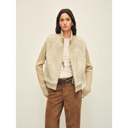 付智恩絲滑可可 進(jìn)口托斯卡納直毛拼接可拆卸針織袖立領(lǐng)皮草外套 麥田色 L