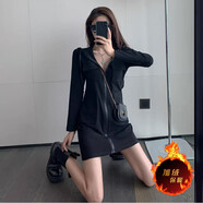 浪莎連帽衛(wèi)衣連衣裙女2025秋冬新款休閑拉鏈外套包臀氣質(zhì)收腰顯瘦裙子 黑色【加絨保暖】 XL 【126-135斤】