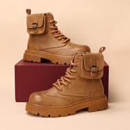 簡(jiǎn)托曼馬丁靴男厚底內增高短靴英倫風(fēng)中幫口袋工裝靴時(shí)裝拉鏈高幫大黃靴 駝色（內增高） 42