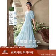 茵曼（INMAN）法式連衣裙女夏季顯瘦遮肚燈籠袖抽繩收腰公主長(zhǎng)裙子 紺藍(lán)色 S 