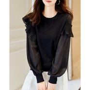 德瑪納【名媛纖絨紗線(xiàn)衫】春秋輕熟風(fēng)不對稱(chēng)荷葉邊圓領(lǐng)長(cháng)袖針織衫女上衣