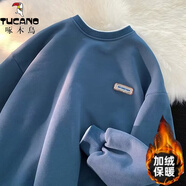 啄木鳥(niǎo)長(zhǎng)袖T恤衛(wèi)衣男假兩件圓領(lǐng)打底衫衣服男女情侶春秋季青少年衣服 藍(lán)色加絨款 M 建議體重（90-110斤）
