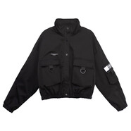 皮爾卡丹（pierrecardin）加棉加厚外套女士秋冬歐美個(gè)性立領(lǐng)夾克潮酷工裝短外套女寬松上衣 黑色夾棉 M