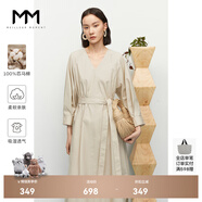 麥檬MM商場同款春新純棉卡其v領(lǐng)法式氣質(zhì)收腰通勤九分袖連衣裙女 淺卡其 M