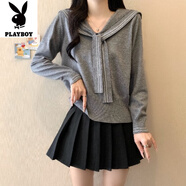 花花公子（PLAYBOY）新品大碼女裝海軍領(lǐng)長(zhǎng)袖針織衫2025新款秋季韓版毛衣胖MM遮肉顯瘦 灰色-旗艦款 L 【建議100~120斤】