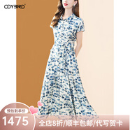歐迪鳥短袖翻領(lǐng)印花連衣裙女夏季2025新款氣質(zhì)休閑收腰顯瘦襯衫裙子 藍花 S