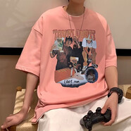 軒萊雅（XUANLAIYA）街頭嘻哈美式t恤男短袖2023新款潮流衣服寬松ins港風(fēng)半袖潮牌體恤 T125粉色 S