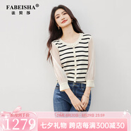 法貝莎品牌法式木耳邊條紋針織衫女2025秋季新款歐根紗拼接長(cháng)袖上衣 黑白條紋 M (100-110斤)