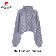 皮爾卡丹（pierre cardin）品牌折扣高領(lǐng)套頭短款麻花毛衣女秋冬新款慵懶風(fēng)寬松加厚針織外穿 灰色 M 105-115斤