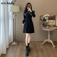 她芙（tafu）品牌女裝法式連衣裙女2025春秋新款小個(gè)子赫本風(fēng)收腰顯瘦長(cháng)袖裙子 黑色 M 【建議100斤-110斤】