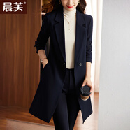 晨芙中長(cháng)款小西裝外套女氣質(zhì)職業(yè)套裝時(shí)尚風(fēng)衣工作服大衣加厚夾棉西服 (常規)藏青色外套+西褲 4XL 建議140-152斤