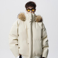 埖煦PU皮可拆卸毛領(lǐng)羽絨棉服男面包服棉衣加厚短款棉襖男冬季保暖外套 米白色 3XL