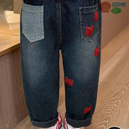 貝貝怡（Bornbay）女童冬季牛仔長(cháng)褲2025新款兒童加絨韓版毛巾刺繡老爹牛仔褲 藍黑色 加絨款小熊毛巾刺繡 90