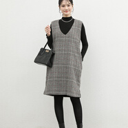 南啵丸秋冬日系V領(lǐng)毛呢中長(cháng)款背心裙洋氣連衣裙女格子外穿無(wú)袖過(guò)膝長(cháng)裙 6526格子背心裙短款 M _建議體重80-130斤