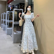 大尺碼法式方領碎花蕾絲高腰連身裙女夏季新款微胖mm高 【優(yōu)質(zhì)版】長裙【絕美甜辣/ 均碼 M【80-100斤】